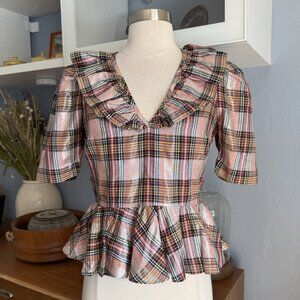Saylor Ilene Metallic Ruffle Peplum Puff Sleeve Blouse Multicolor Plaid Print
